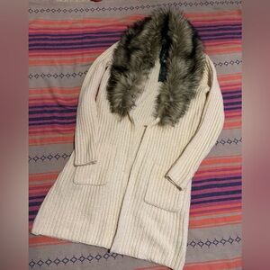 Lauren Ralph Lauren Cream Knit Cardigan with Faux Fur Collar